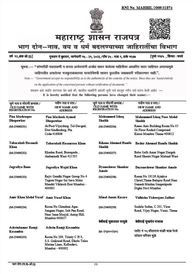 नाव बदलासाठी राजपत्र अधिसूचना